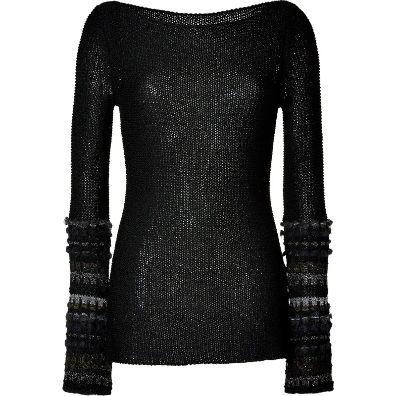 Donna Karan Black Open Knit Pullover with Metallic Trim