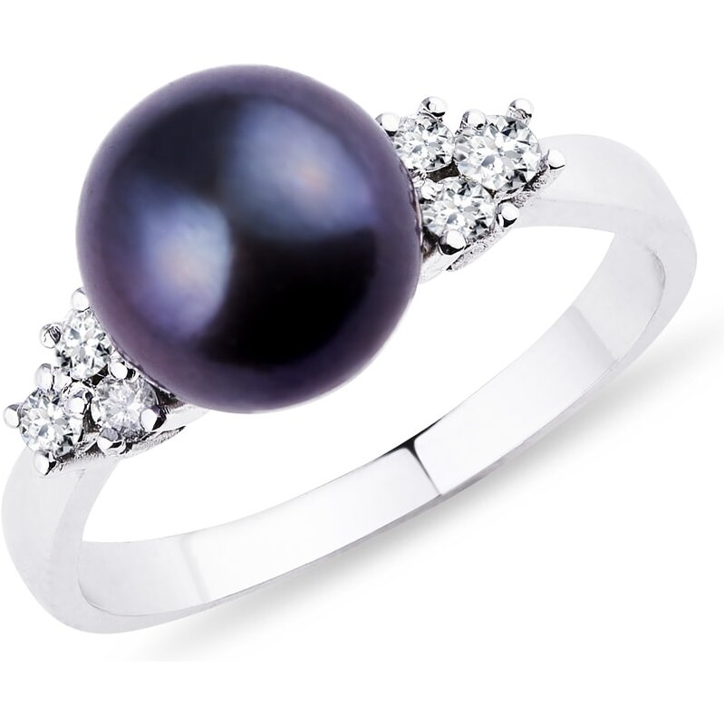 Stříbrný prsten s černou perlou a diamanty KLENOTA k0257059