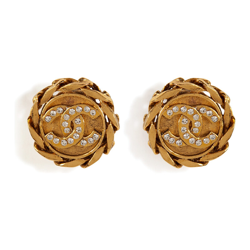 Chanel Vintage Jewelry Gold-Plated Rhinestone CC Earrings