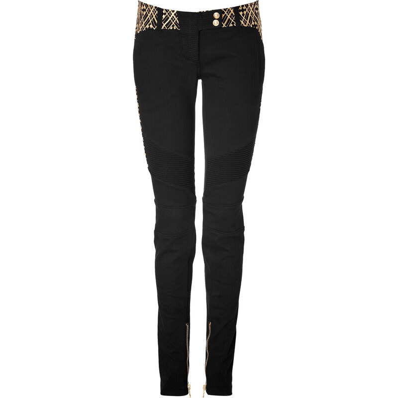 Balmain Cotton Low Rise Embroidered Biker Jeans in Black