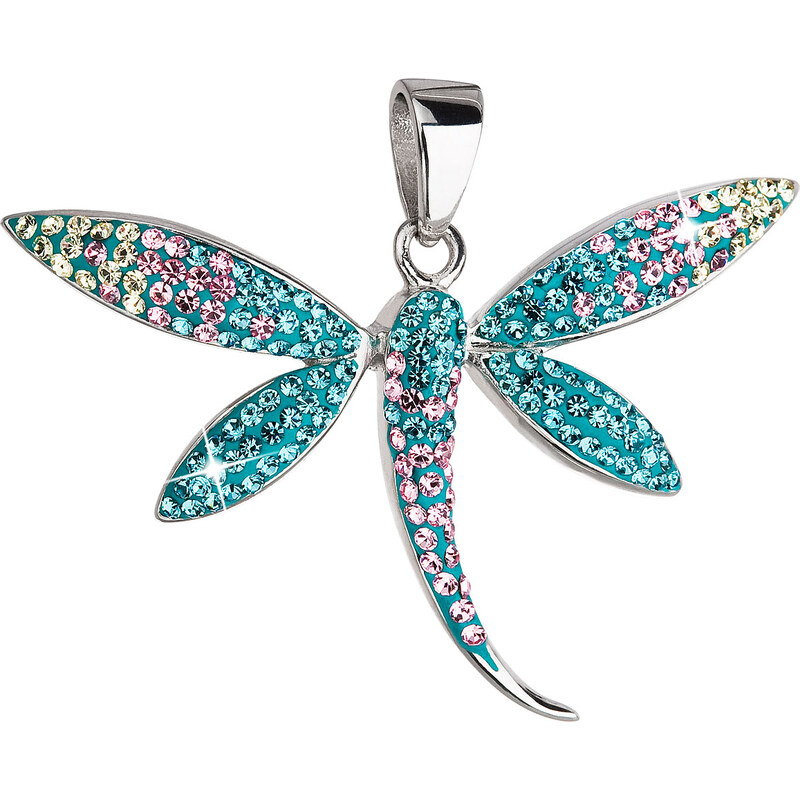 Stříbrný přívěsek s krystaly Swarovski modro-zelená vážka 34164
