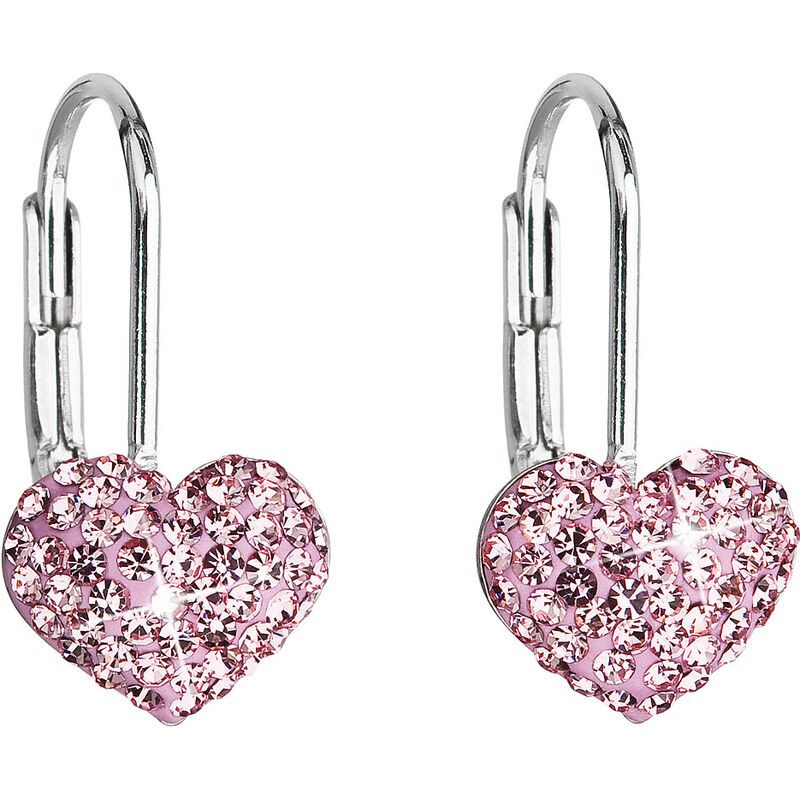 Stříbrné náušnice visací s krystaly Swarovski růžové srdce 31125.3 22172612