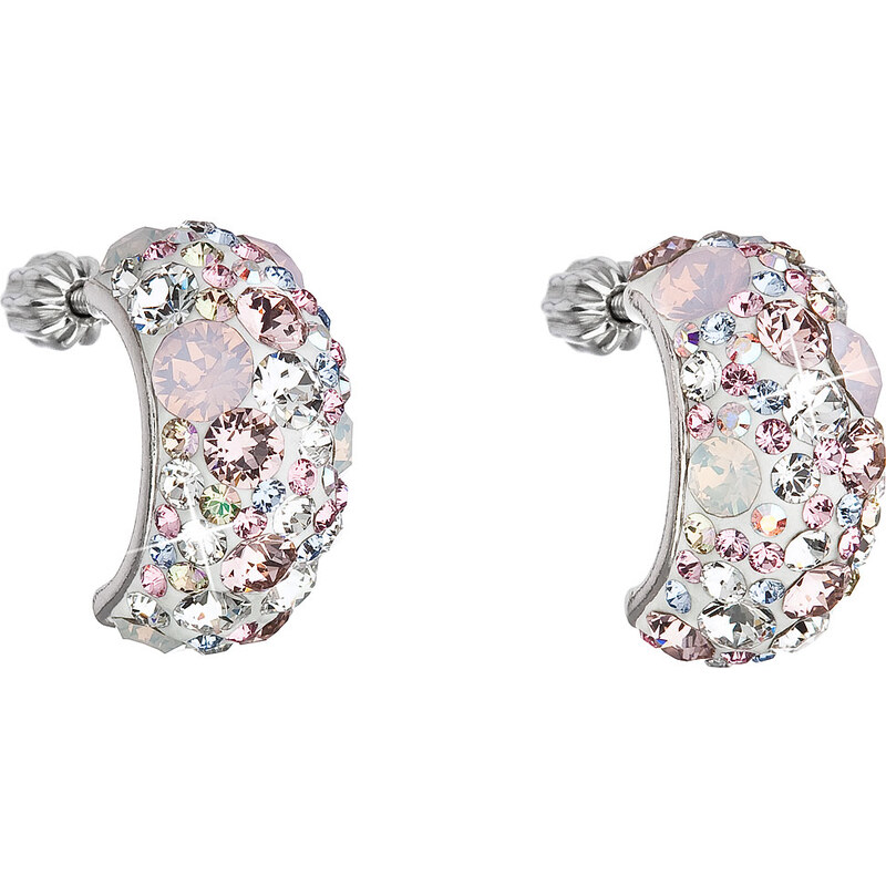 Stříbrné náušnice visací s krystaly Swarovski růžový půlkruh