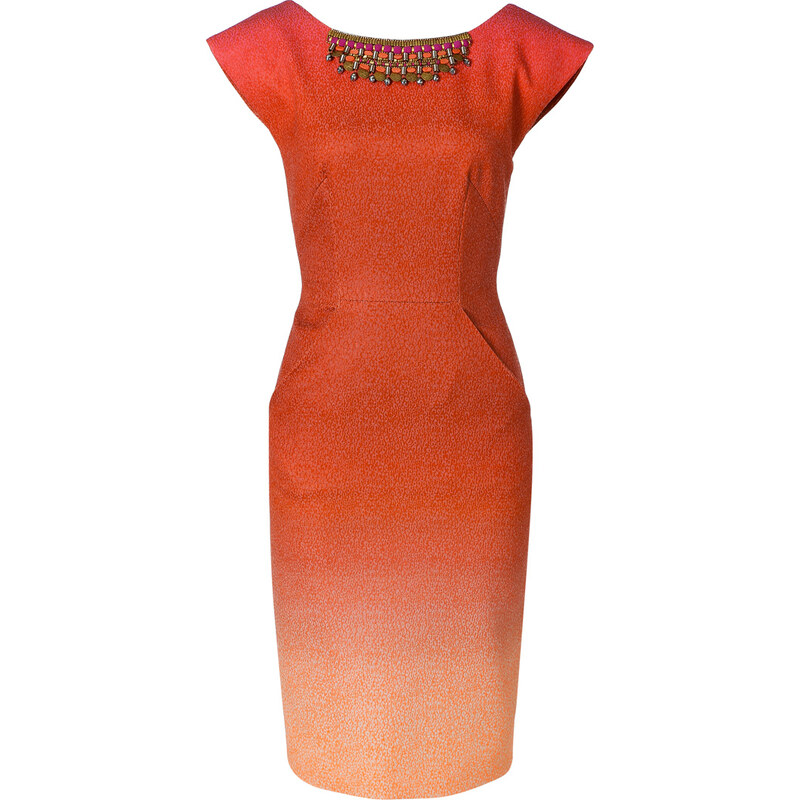 Matthew Williamson Hot Coral Color-Fade Embellished Sheath Dress