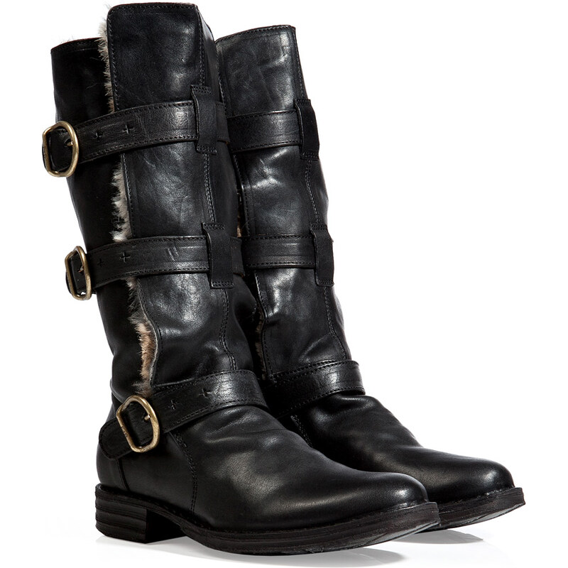 Fiorentini & Baker Leather Buckled Boots in Black with Fur Trim