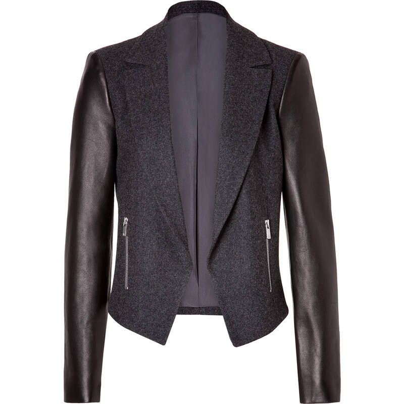 Michael Kors Wool-Blend Jacket in Charcoal with Leather Sleeves