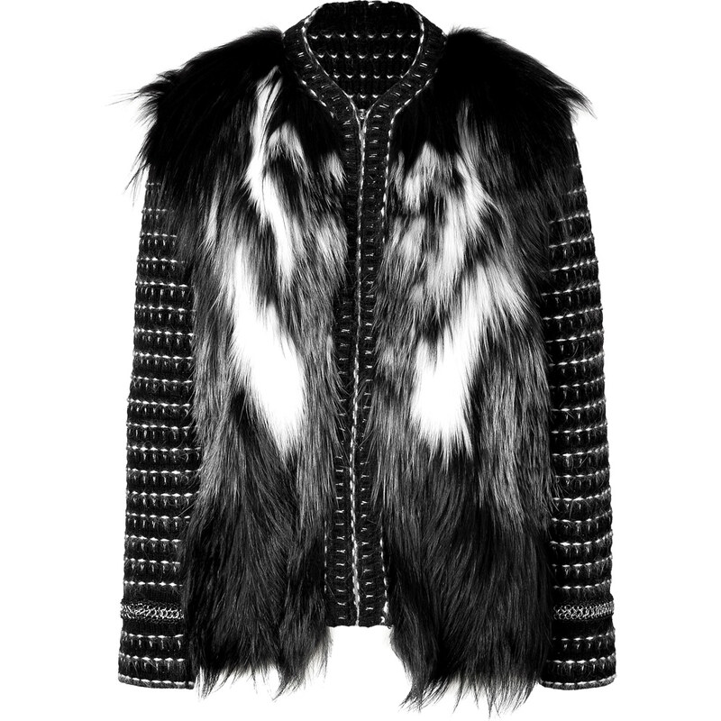 Roberto Cavalli Knit Jacket with Silver Fox Fur in Black/White/Grigio