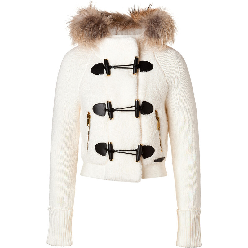 Burberry Brit Wool Blend Short Jacket with Fur Trim in Natural White