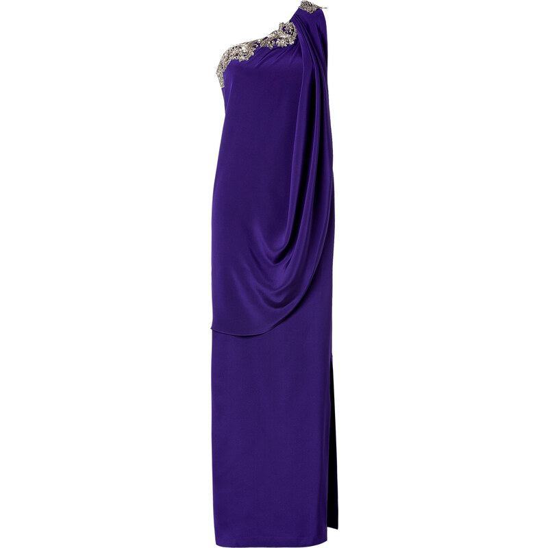 Marchesa Silk Sequined One Shoulder Column Gown in Purple