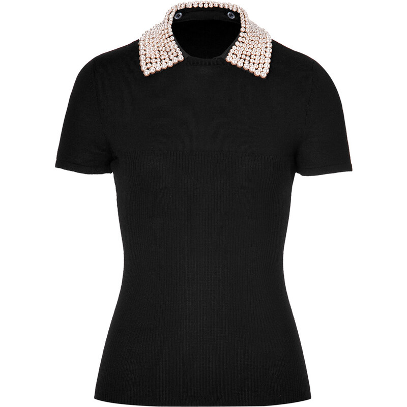 Moschino C&C Knit Top with Pearly Collar in Black