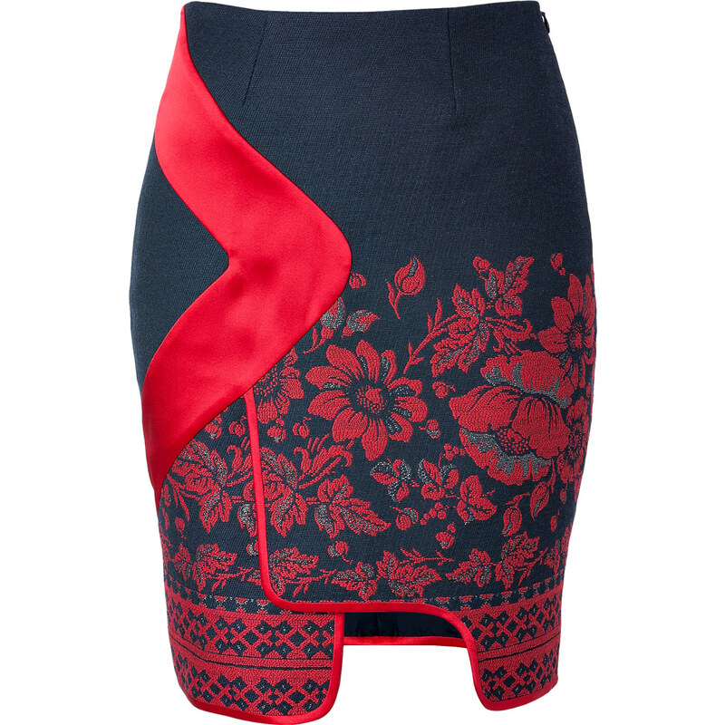Prabal Gurung Piped Border Panel Skirt in Red Floral Print
