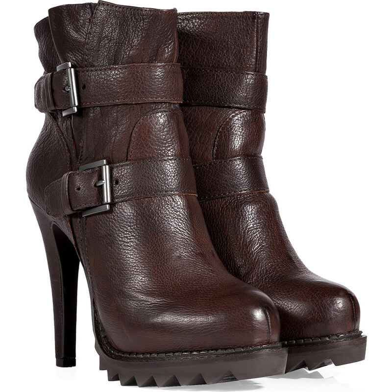 Ash Chocolate Leather Buckled Ankle Boots