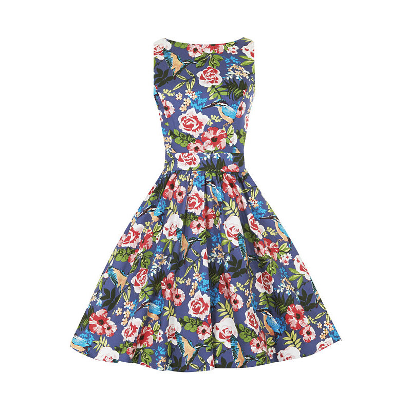Barevné retro šaty s květy a kolibříky Lady V London Tea