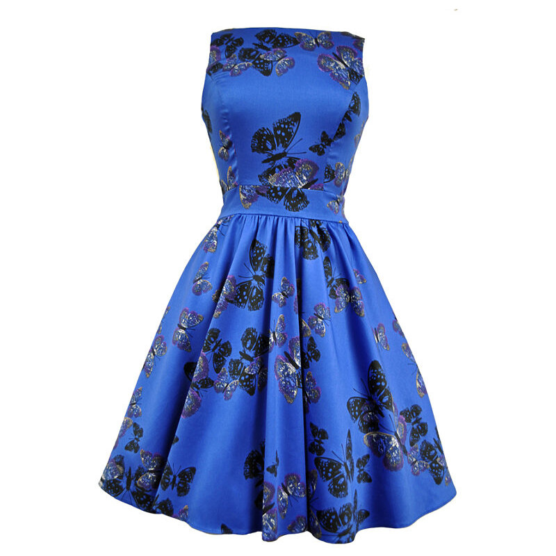 Modré retro šaty s motýlky Lady V London Tea