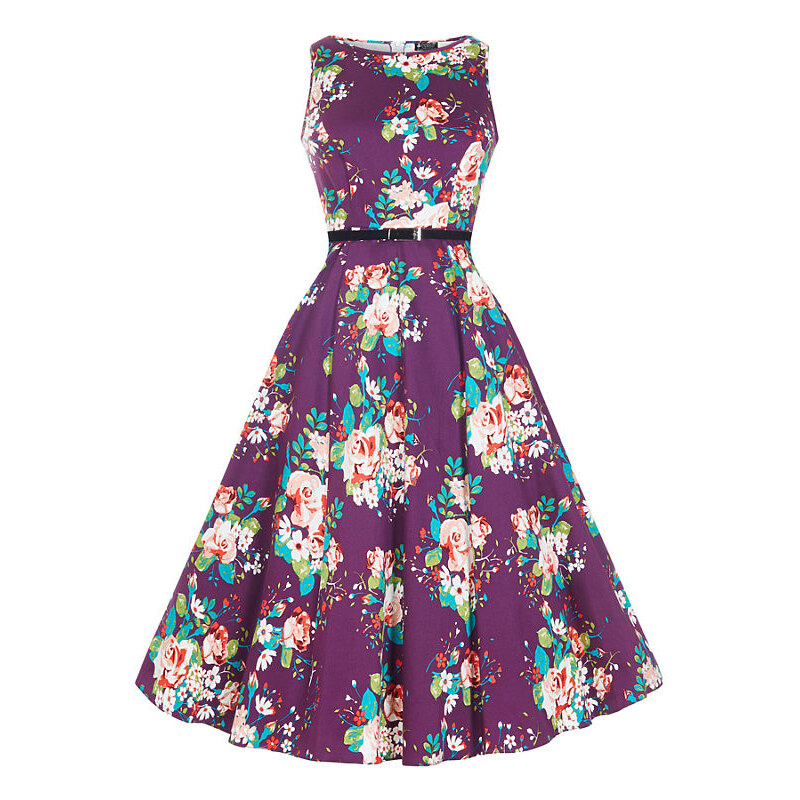 Fialové šaty s barevnými květy Lady V London Audrey