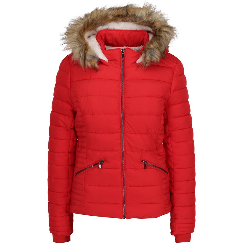Červená prošívaná zimní bunda s umělou kožešinou TALLY WEiJL - GLAMI.cz