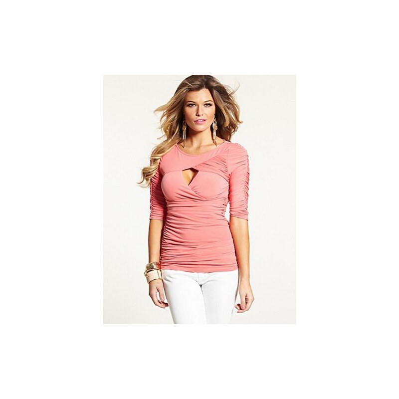 Halenka Guess Three-Quarter Sleeve Peek-A-Boo Shirred Top růžová