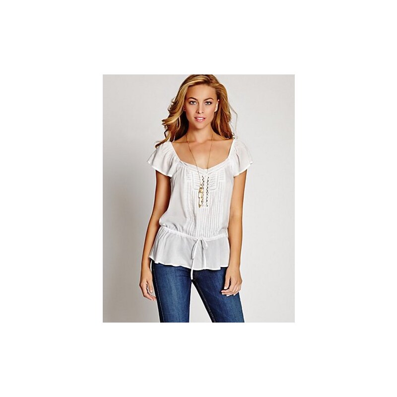 Halenka Guess Flutter-Sleeve Pintuck Top In White