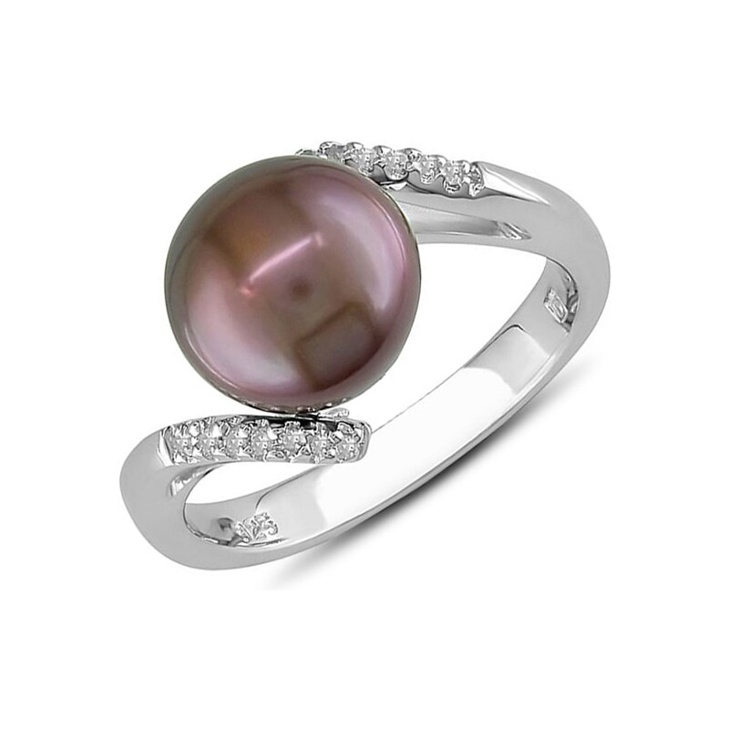 Stříbrný prsten s hnědou perlou a diamanty KLENOTA pe004