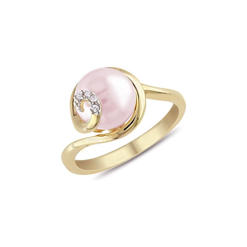 Zlatý prsten s růžovou perlou a diamanty KLENOTA k0074023