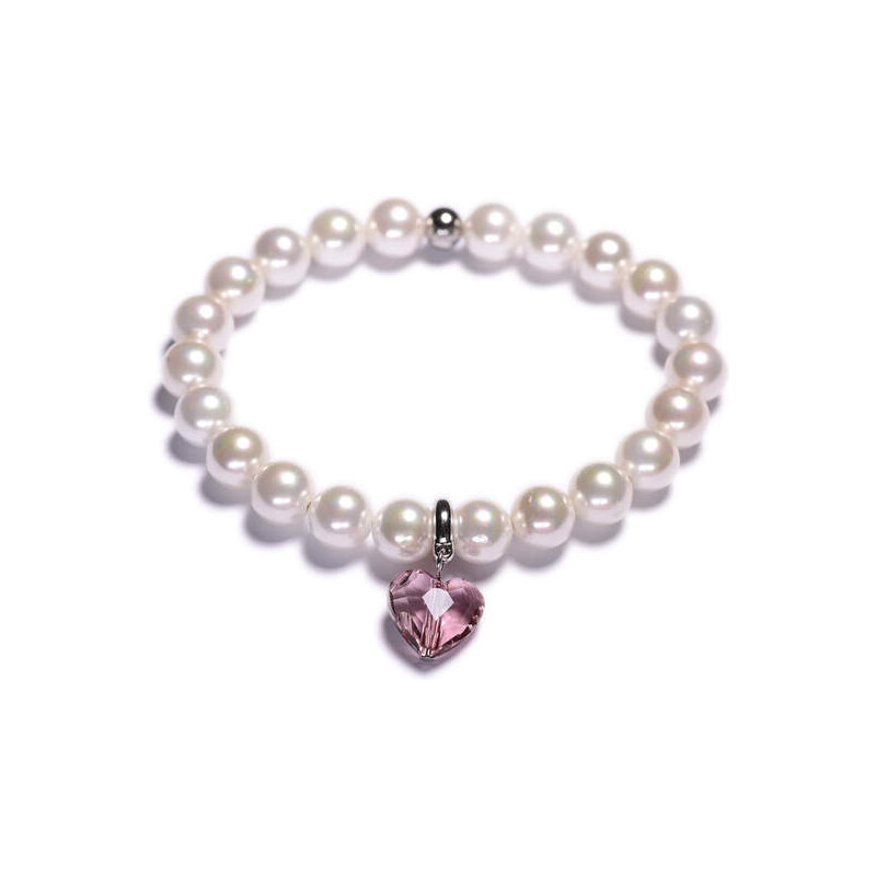 Lavaliere Dámský perlový náramek - bílé shell perly, Swarovski přívěsek ve tvaru srdce bílé zlato M - 17 cm