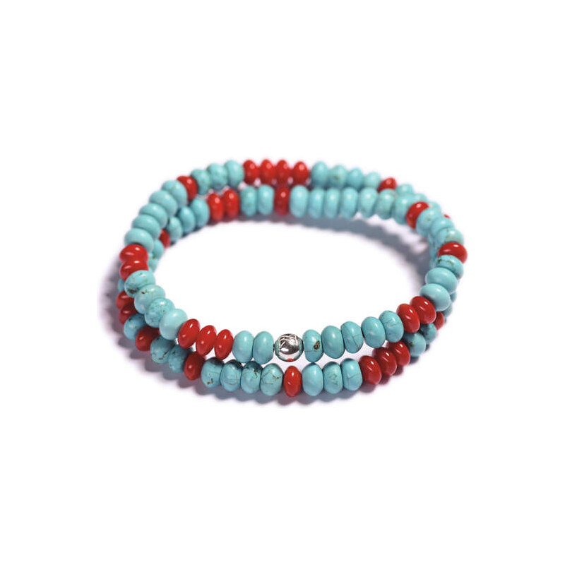 Lavaliere Pánský korálkový wrap náramek - modrý tyrkys, červený korál stříbro L - 18 cm