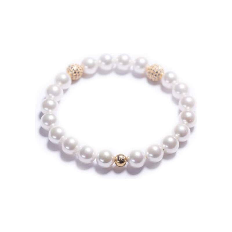 Lavaliere Dámský perlový náramek - bílé shell perly, disko koule zlato M - 17 cm