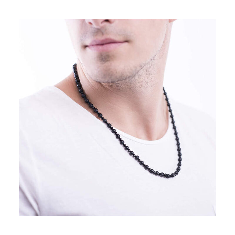 Lavaliere Pánský korálkový náhrdelník - černý matný & lesklý achát