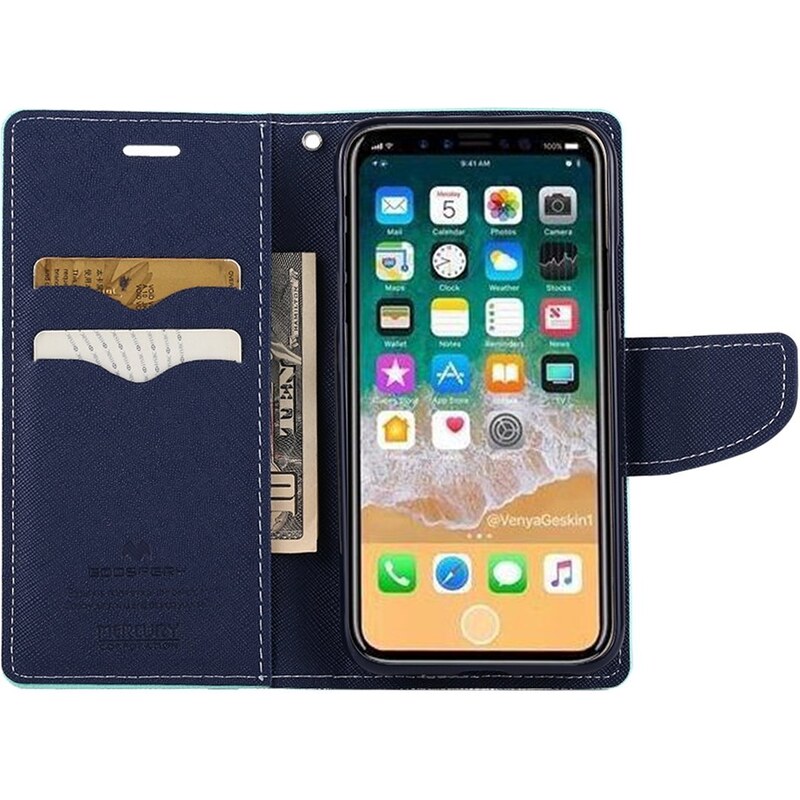 Pouzdro / kryt pro iPhone XS / X - Mercury, Fancy Diary MINT/NAVY