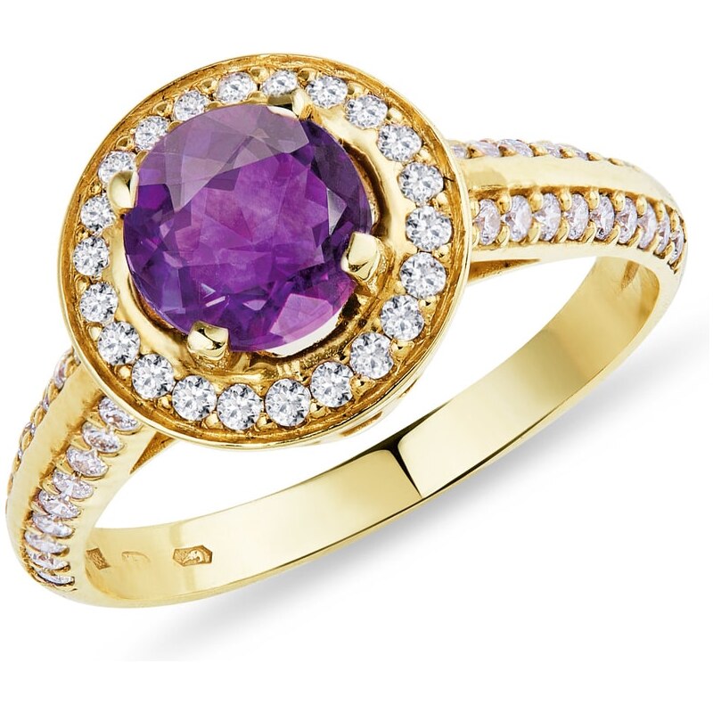 Zásnubní zlatý prsten s ametystem a diamanty KLENOTA je1744