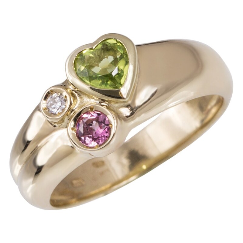 Zlatý prsten s drahokamy a srdcem z olivínu KLENOTA kln1359
