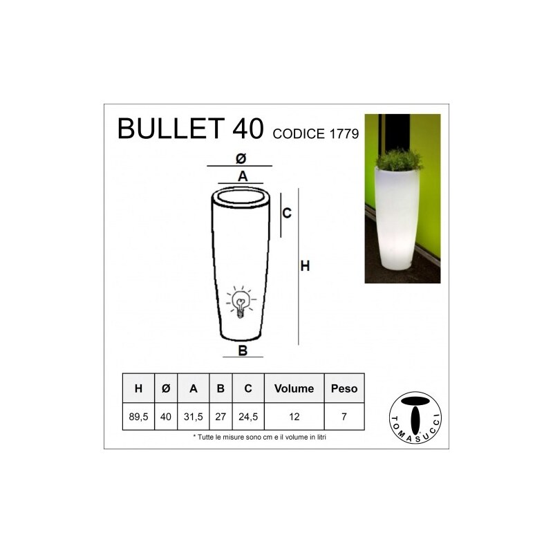 Stojací lampa/váza pro venkovní i vnitřní použití BULLET 40 TOMASUCCI