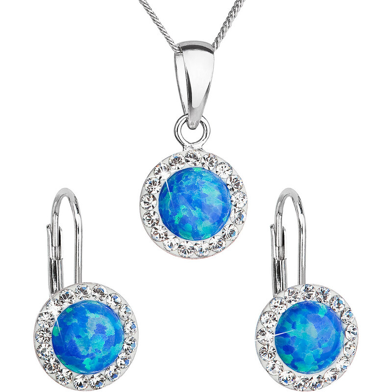 EVOLUTION GROUP Sada šperků se syntetickým opálem a krystaly Preciosa náušnice, přívěsek a řetízek modré kulaté 39160.1