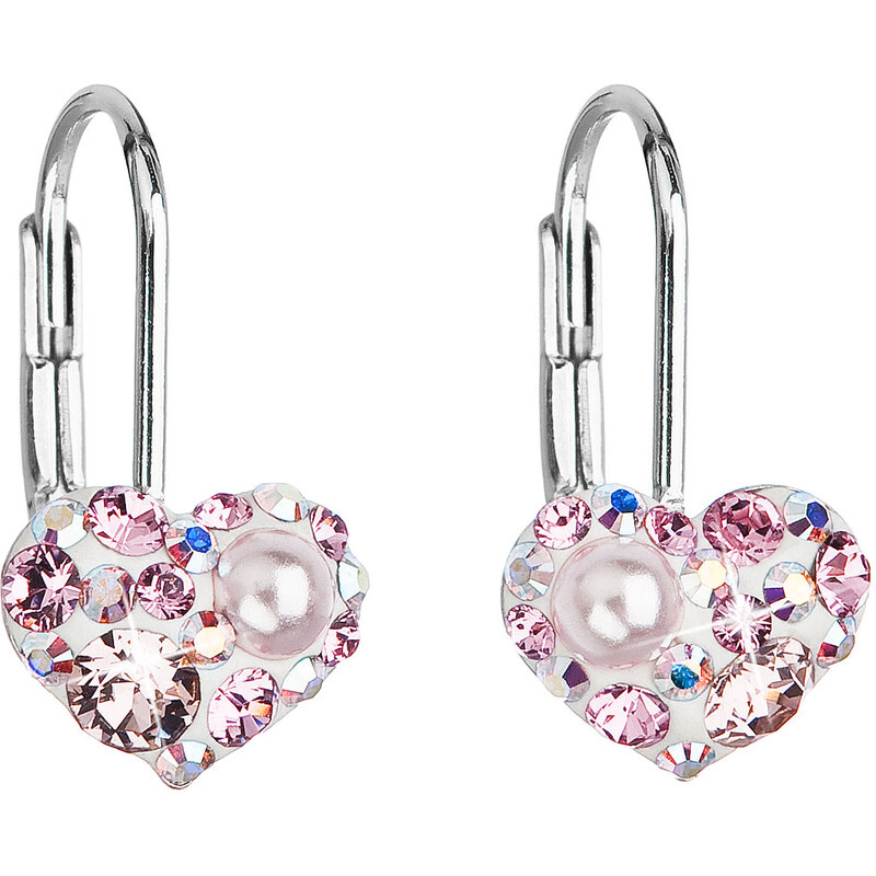Stříbrné náušnice visací s krystaly Swarovski růžové srdce 31125.9 23449810