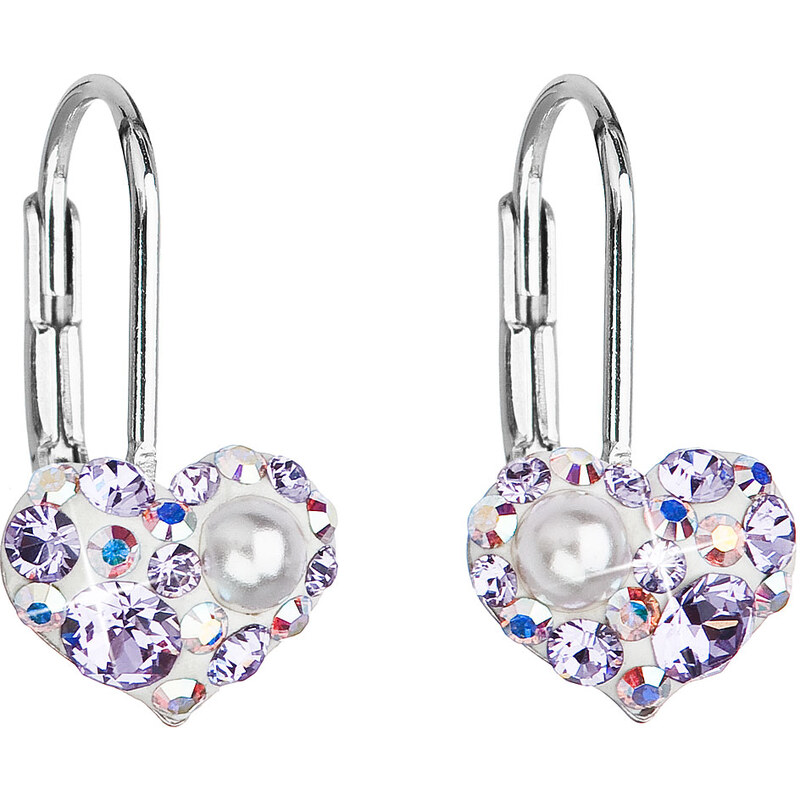 Stříbrné náušnice visací s krystaly Swarovski fialové srdce