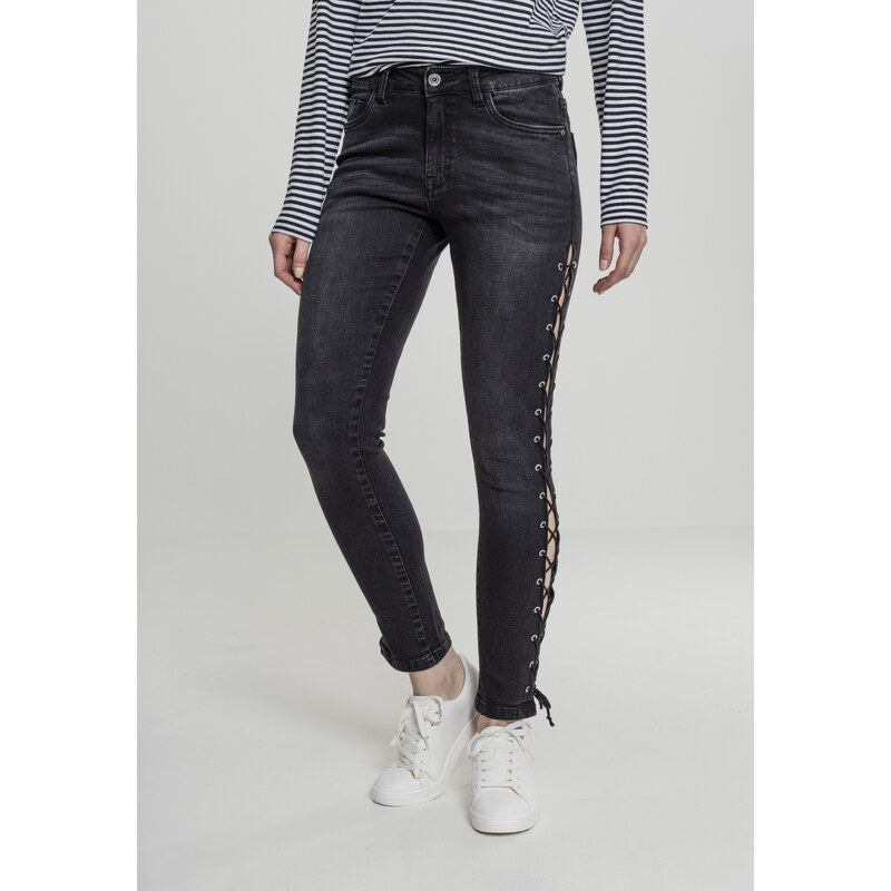 UC Ladies Dámské džínové kalhoty Lace Up Skinny Pants - černé