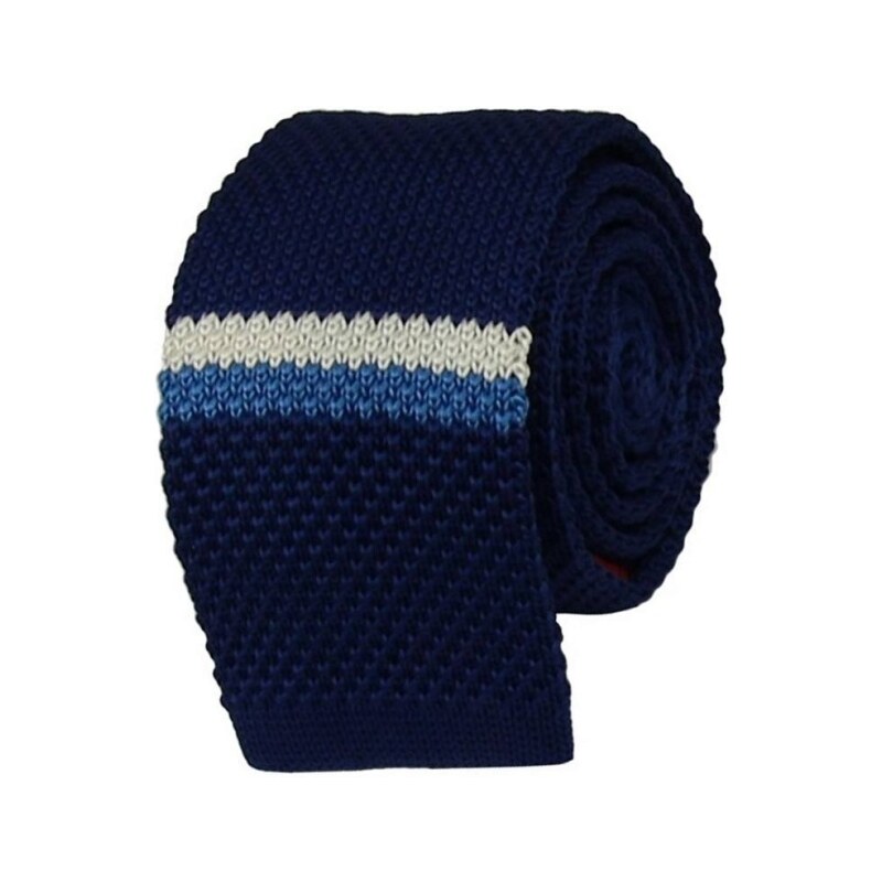 Quentino Modrá pletená kravata s bílo modrým pruhem
