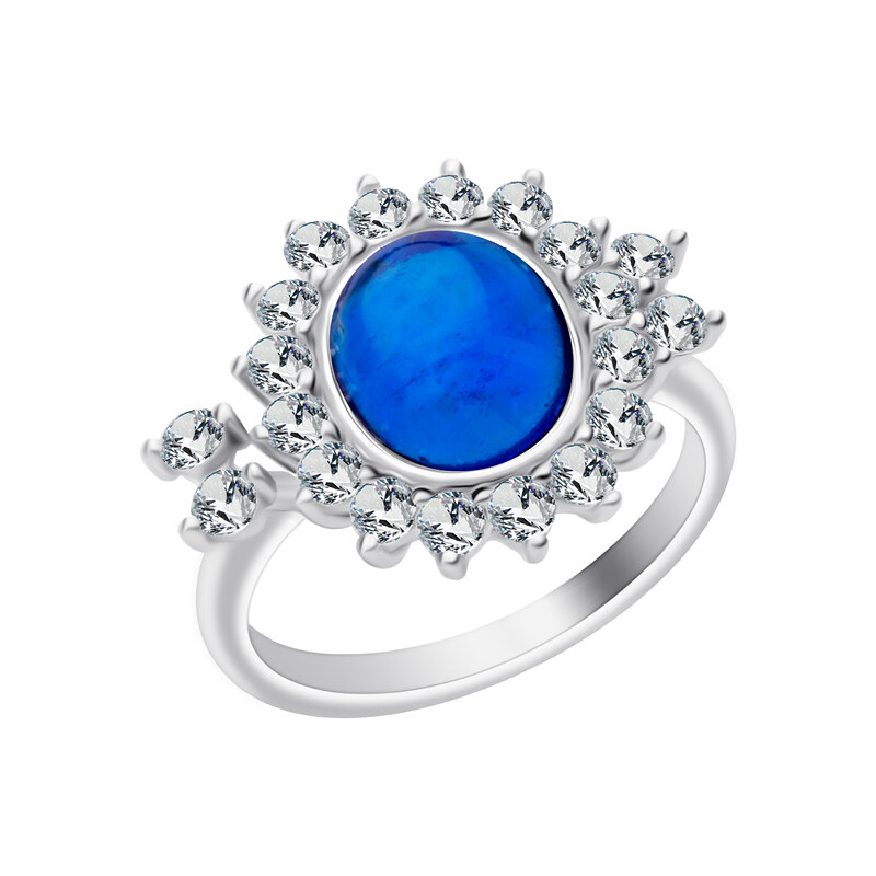 Stříbrný prsten Camellia s českým křišťálem a kubickou zirkonií Preciosa, modrý