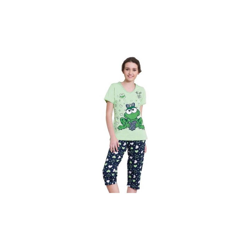 Vienetta Secret Dámské bavlněné zelené pyžamo Žabka capri