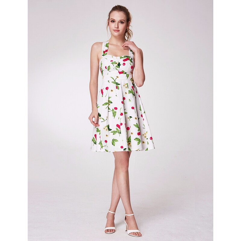 Alisa Pan Bílé letní šaty s třešněmi a srdíčkovým výstřihem