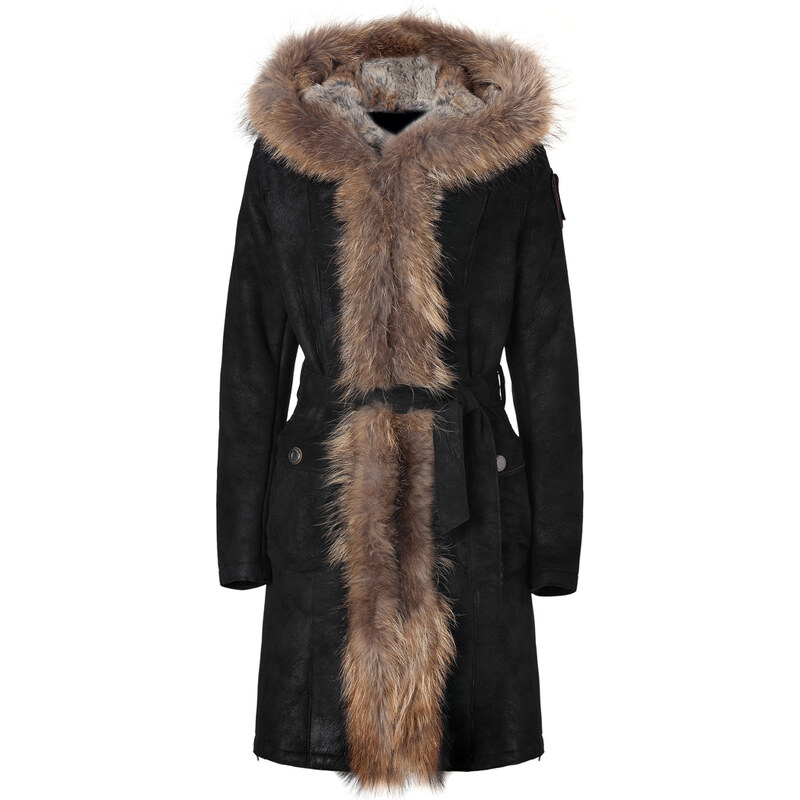 Parajumpers Black Shearling Belted Vail Coat