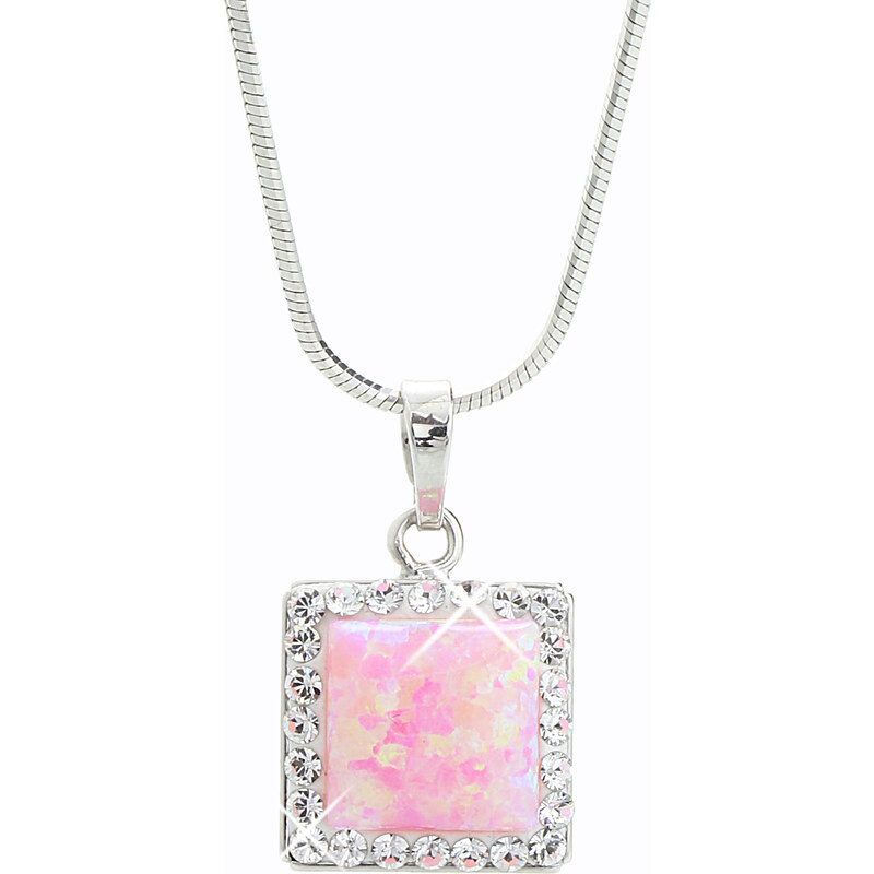 SkloBižuterie-J Stříbrný řetízek s opálem a křišťálky Swarovski components Opal Square I.