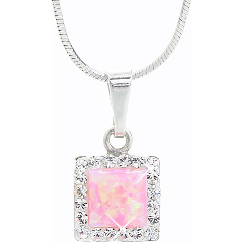 SkloBižuterie-J Stříbrný řetízek s opálem a křišťálky Swarovski components Opal Square II.