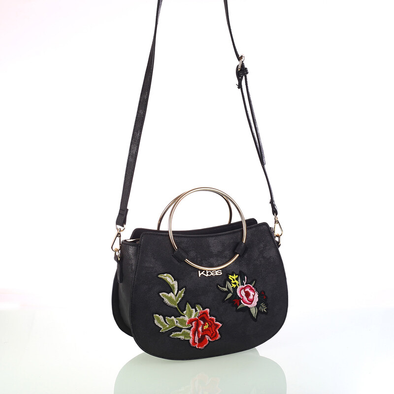 Dámská koženková taška přes rameno s květinovými nášivkami Kbas černá 346809N