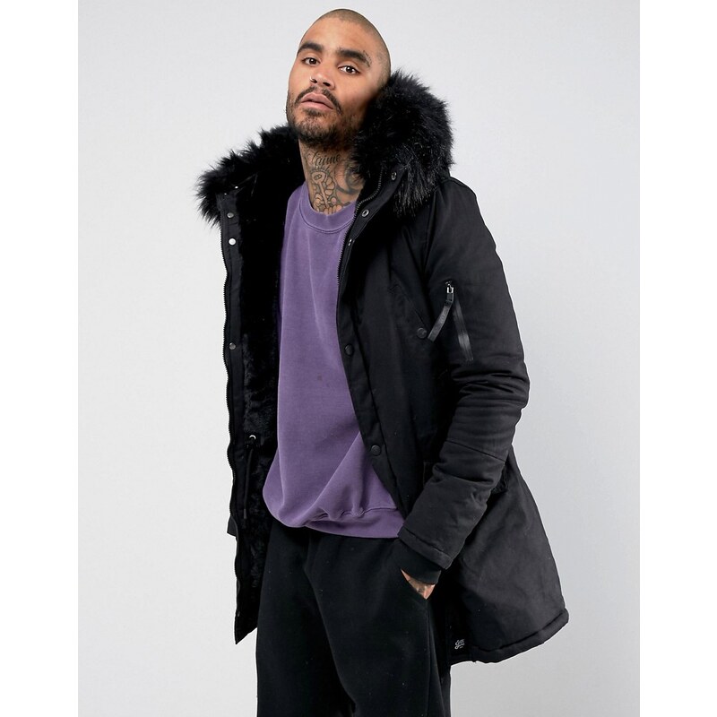 Sixth june parka coat in black with black faux fur hood online