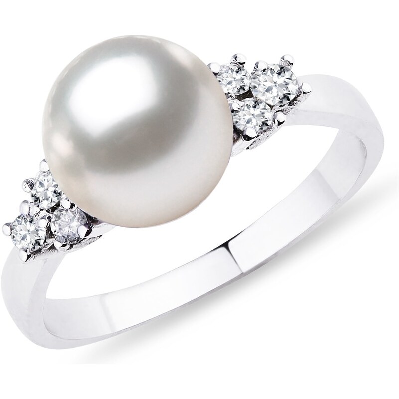 Perlový prsten v bílém zlatě s diamanty KLENOTA k0257012