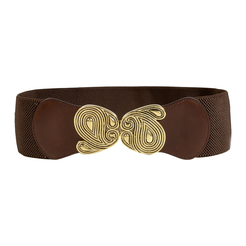 Etro Chocolate Stretch Belt With Golden Paisley Buckle