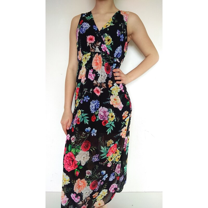 Made in Italy Letní šaty dlouhé květované černé Italy