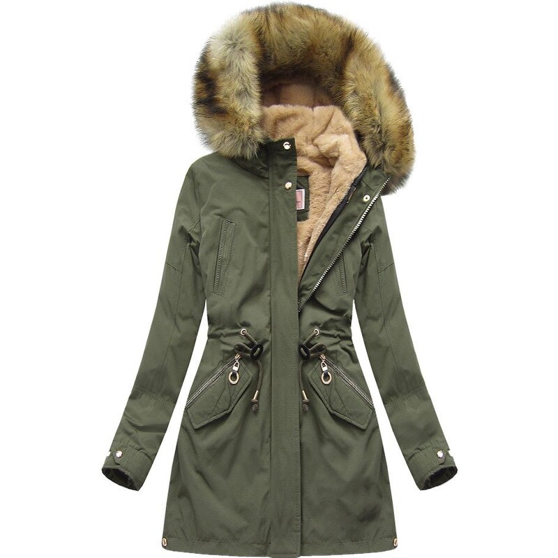 MHM Teplá dámská zimní bunda parka v khaki barvě s odepínací podšívkou (W164)