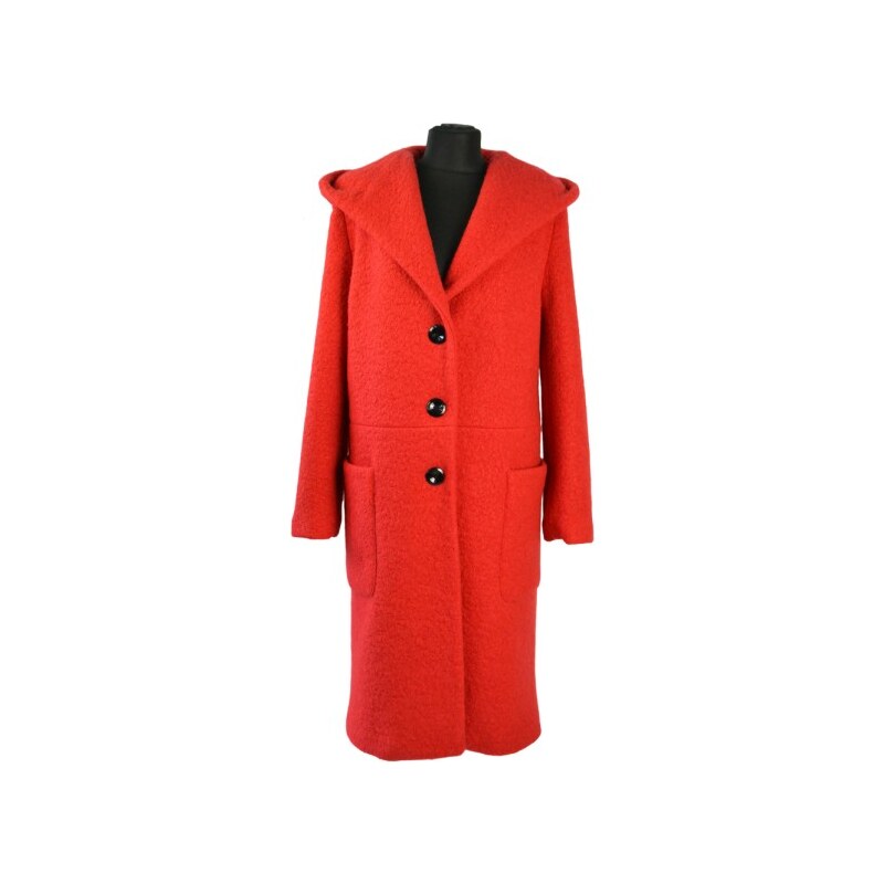 Sladíme Vás Dámský dlouhý vlněný kabát s kapucí Exclusive, Červená